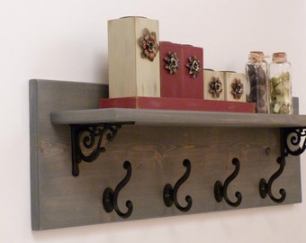 Rustic Entryway, Hallway or Mudroom Coat Rack with Wrought Iron Black Hooks, Wall Coat Rack, Coat Rack with Shelf, Rustic Coat Rack