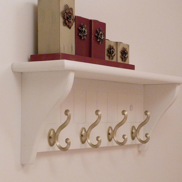 Modern Entryway Coat Rack, Bedroom Wall Shelf, Bathroom shelf, Towel Shelf-4 Matte Nickel Hooks, Coat Rack with Shelf