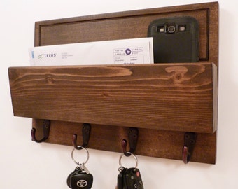 Mail Organizer Wall, Entryway Organizer, Key Rack, Key Holder, Rustic Key Rack, Mail and Key Holder, Mail and Key Organizer, Dark Walnut