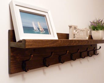 Solid Pine Wall Coat Rack with Ledge, Entryway Organizer