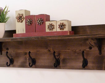 Rustic Entryway, Hallway or Mudroom Coat Rack with Wrought Iron Black Hooks, Wall Coat Rack, Coat Rack with Shelf, Rustic Coat Rack