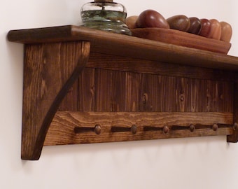 Entryway Coat Rack Wood Wall Shelf 35 Inches with pegs, Coat Rack with Shelf, Rustic Coat Rack