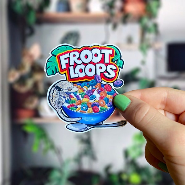 Crested gecko on a bowl of Froot Loops sticker