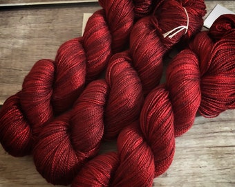 Dark Lacquer Red on Ginseng (f) mulberry silk fingering weight yarn, The Forbidden Garden Collection, dto, 400m 100gms, 4 ply weight