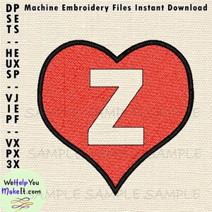 May include: Red heart-shaped embroidery design with a white letter Z in the center. Machine embroidery file for instant download.