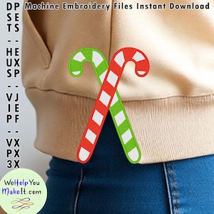 May include: Machine embroidery file set with two candy canes. One is red and white, the other green and white. The text "DP Machine Embroidery Files Instant Download" is at the top. The website "WeHelpYouMakeIt.com" is at the bottom.
