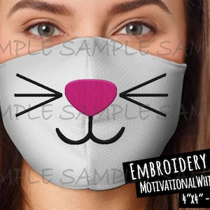 Machine Embroidery Kitty Cat Face 4&quot;x4&quot; Loop | Embroider a Animal Mask | Pink Nose and Whiskers | zip pes xxx jef exp vip dst. hus vp3 File
