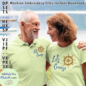 May include: A couple wearing matching light green shirts with the text "Let's Cruise" and a nautical wheel design in blue and gold.