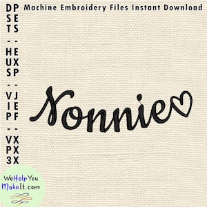 May include: Machine embroidery file design for the name "Sonnie" with a heart.  The design is in a cursive font.
