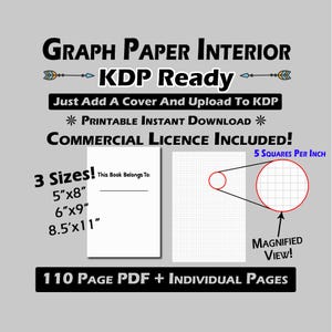 May include: A digital download of 110 pages of graph paper in three sizes: 5x8 inches, 6x9 inches, and 8.5x11 inches. The paper has a grid with 5 squares per inch. The text "This Book Belongs To:" is at the top of the page. The text "COMMERCIAL LICENCE INCLUDED!" is in large letters at the top of the page. The text "5 SQUARES PER INCH" is at the top right of the page. The text "MAGNIFIED VIEW!" is at the bottom right of the page.