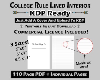 College Rule Medium Ruled - KDP Ready Complete Interior Low Content Book / 3 Sizes / 5x8 6x9 8.5x11 Individual Pages / Printable Download
