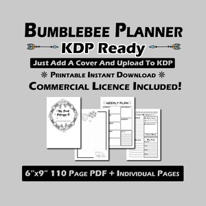 Op de afbeelding: Zwart-witte printbare plannerpagina's met een bij-thema. De pagina's bevatten een weekplanner, een to-do-lijst en een maaltijdplanner. De tekst "Dit boek behoort toe aan" staat op een van de pagina's. De tekst "6"x9" 110 pagina's PDF + individuele pagina's" staat onderaan de afbeelding.