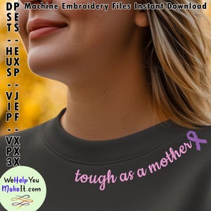 May include: A black sweatshirt with pink embroidery that reads "tough as a mother" and a purple ribbon.