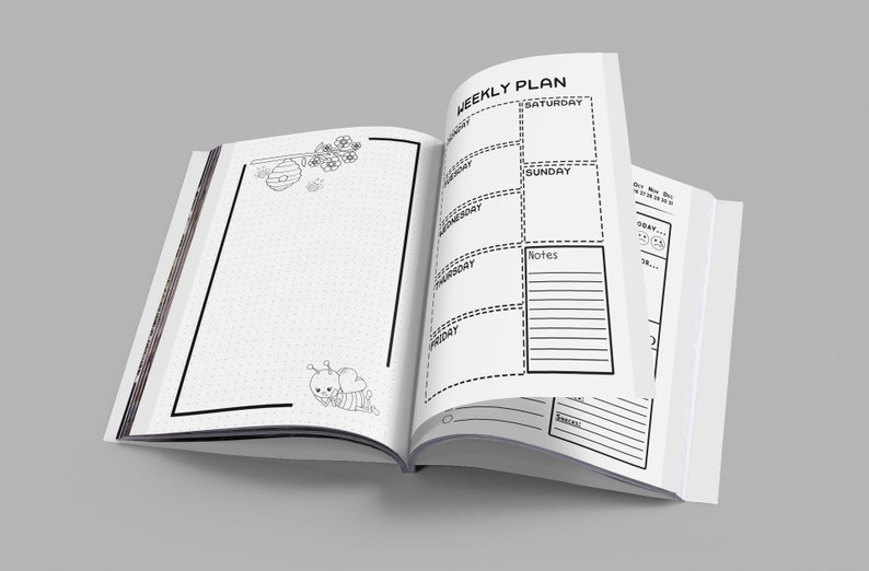 May include: Open weekly planner with a black and white bee theme. The left page features a beehive and flowers, the right page has a weekly planner with days of the week and a notes section. The planner has a black and white striped border.