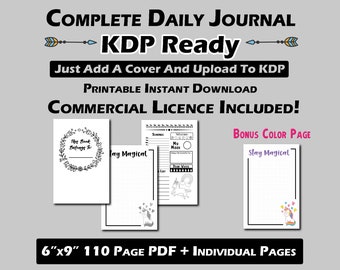 Unicorn Journal - KDP Ready Daily Planner / Complete 6"x9" Interior / Low Content Printable Diary / Dot Grid Sketch / To do List / Download