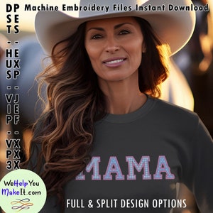 Peut inclure: Une femme portant un t-shirt gris avec le mot "MAMA" en lettres roses et bleues. Les lettres ont un motif vichy. Le texte "FULL & SPLIT DESIGN OPTIONS" est sous le mot "MAMA".