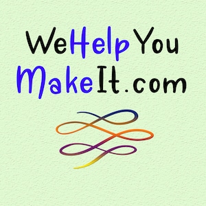 May include: We Help You Make It.com text in black with a blue outline. The text is on a light green background with a stylized infinity symbol in blue, orange, yellow, and purple.