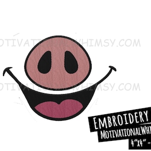 May include: Embroidery file of a smiling pig face with a pink snout and black eyes. The file is 4 inches by 4 inches or 10 centimeters by 10 centimeters.  MotivationalWhimsy.com