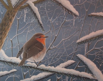 Robin, In the Snow, Original Painting, Acrylic On Canvas, Richard Hull, Fine Art, Wall Art, Birds, Winter, Garden, Present, Gift, Christmas