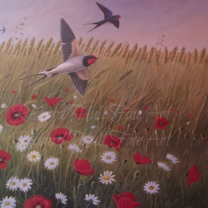 Swallows, Over, Poppy Field, Acrylic On Canvas, Original, Art Work, Richard Hull, Fine Art, Wall Art, Countryside, Birds, Present, Gift, Mum