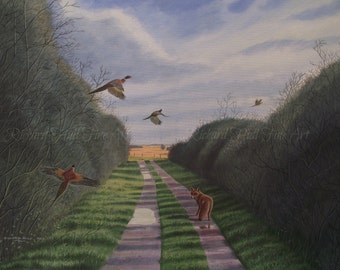 Fox, With, Pheasants, 2013, Original Painting, Acrylic, On Canvas, Richard Hull, Fine Art, Wall Art, Display, Collectible, Landscape, Gift