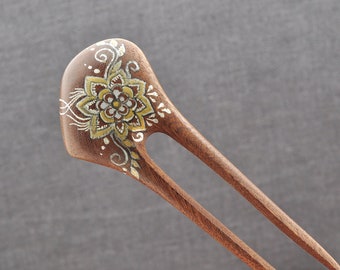 Wooden hair fork, 2 prong hair pin for hairstyle, accessory with unique painting
