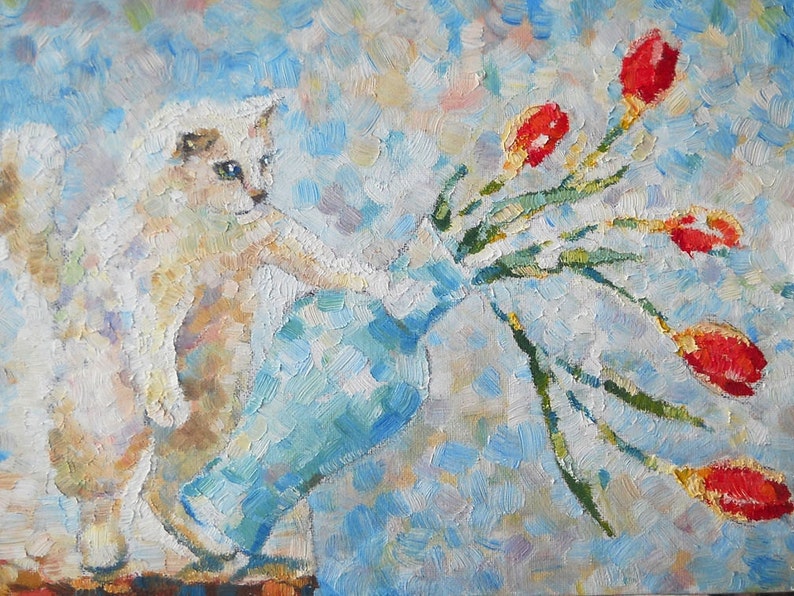 Original Funny cat broken vase Oil Painting White Kitten and Etsy