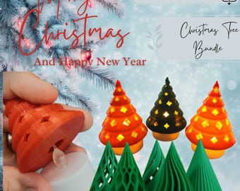 Puede incluir: Un conjunto de seis portavelas de árbol de Navidad impresos en 3D. El conjunto incluye tres árboles rojos y tres árboles verdes. Los árboles están diseñados para sostener velas de té. Los árboles tienen todos diseños diferentes. La imagen también incluye el texto "Christmas Tree Bundle".