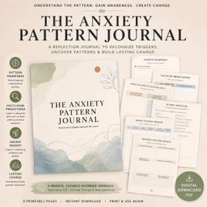 May include: The Anxiety Pattern Journal is a digital download featuring a cover with abstract blue and green watercolor waves and a small orange circle. It includes eight printable pages with sections like Anxiety Snapshot, Facts or Predictions, Schema Detector, Weekly Pattern Tracker, and Monthly Pattern Review.