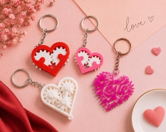 Paquete de llaveros con engranajes en forma de corazón (archivos STL) / Llaveros antiestrés con engranajes móviles / Regalo para parejas de San Valentín / Archivos de impresión 3D / Paquete de llaveros mecánicos con forma de corazón (archivos STL)