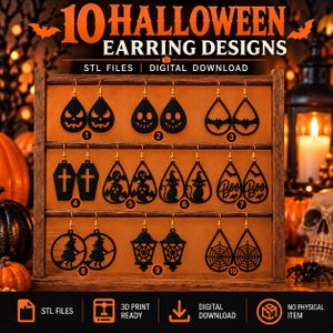 May include: A wooden display stand holding 10 pairs of black Halloween-themed earrings featuring designs like jack-o'-lanterns, ghosts, bats, cats, witches, and spiderwebs. The text 10 HALLOWEEN EARRING DESIGNS STL FILES DIGITAL DOWNLOAD is visible.