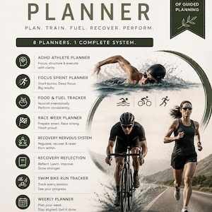 May include: Triathlon planner with a total of 64 pages of guided planning. The image shows a swimmer, cyclist, and runner, with text including "Plan, Train, Fuel, Recover, Perform." It also features sections for different types of planning.