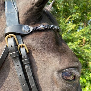 Horse Single Row Browband with Black Shamballa Crystals - Custom Colors & Sizes - Black or Brown Leather Ends - Handmade in the UK