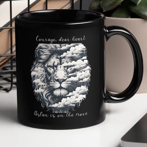 Courage Dear Heart Mug, CS Lewis Quote Mug, Narnia Gift for Aslan Fan, Lion Witch Wardrobe Christian Encouragement Clannad Clouds Black Mug