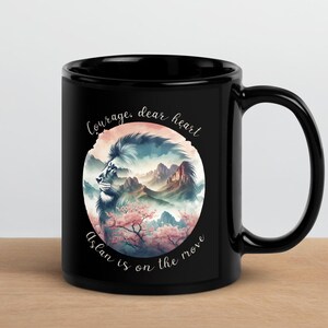 Courage Dear Heart Mug, CS Lewis Quote Mug, Narnia Gift for Aslan Fan, Lion Witch Wardrobe Christian Encouragement Cherry Blossoms Black