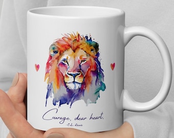 Courage Dear Heart CS Lewis Quote Mug, Narnia Aslan Coffee Cup Gift for Lion Witch Wardrobe Fan Teacup Gift for Christian Lion Mug Z40