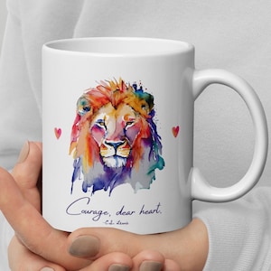 Courage Dear Heart CS Lewis Quote Mug, Narnia Aslan Coffee Cup Gift for Lion Witch Wardrobe Fan Teacup Gift for Christian Lion Mug Z40