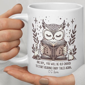 CS Lewis Quote Mug, Start Reading Fairy Tales Coffee Cup, Chronicles of Narnia Mug, Aslan Lion Witch Wardrobe, Christian Owl Literature Gift