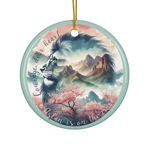 Courage Dear Heart Ceramic Ornament, CS Lewis Quote Narnia Christmas Keepsake, Lion Witch Wardrobe, Christian Encouragement Cherry Blossoms
