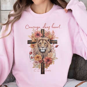 Courage Dear Heart Sweatshirt, CS Lewis Quote Sweater, Narnia Tee Gift for Aslan Fan, Lion Witch Wardrobe Christian Encouragement Shirt S49