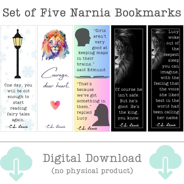 Narnia Bookmark Set of Five, Digital Download, Instant Bookmark Download, Printable Narnia Bookmarks, CS Lewis, Aslan, Edmund, Lucy