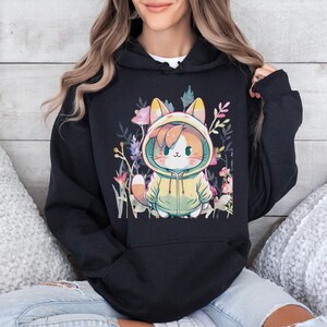 Hoodie Cat in Flowers Hoodie, Crazy Cat Lady Gift, Cute Cartoon Cat, Chibi Cat Hoodie Sweatshirt, Anime Cat Shirt, Teen Girl Gift S07-2