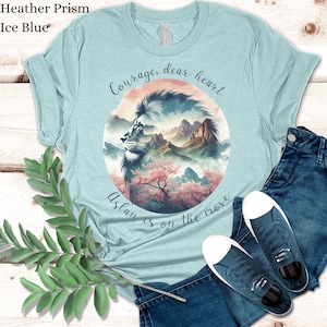 Courage Dear Heart T-Shirt, CS Lewis Quote Shirt, Narnia Tee Gift for Aslan Fan, Lion Witch Wardrobe Christian Encouragement Cherry Blossoms