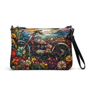 Stained Glass Motorcycle, Motorbike Crossbody Bag, Faux Leather Clutch, Cottagecore Purse, Stain Glass Harley Wristlet, Harley Owner Gift