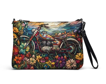 Stained Glass Motorcycle, Motorbike Crossbody Bag, Faux Leather Clutch, Cottagecore Purse, Stain Glass Harley Wristlet, Harley Owner Gift