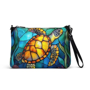Bolso bandolera con diseño de tortuga marina de vitral, bolso de piel sintética, regalo para amantes de las tortugas marinas, regalo para amantes de Hawái, bolso playero con diseño de tortuga marina azul y verde.
