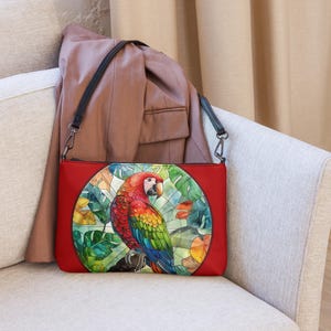 Stained Glass Parrot Crossbody Bag, Faux Leather Purse, Tropical Birds Clutch, Parrot Lover Gifts, Bird Lovers Gifts, Gift for Macaw Lovers