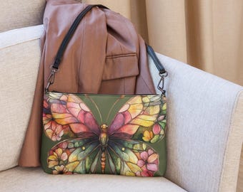 Flowery Butterfly Purse, Olive Green Crossbody Bag Drab OD Faux Leather Clutch Colorful Cottagecore Pocketbook Mariposa Wildflower Wristlet