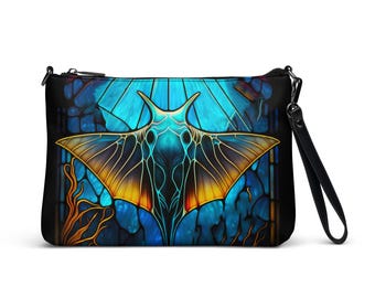 Stained Glass Manta Ray Crossbody Bag, Faux Leather Stingray Purse, Marine Life Clutch, Snorkeling Fan Wristlet, Scuba Diving Cruise Wear
