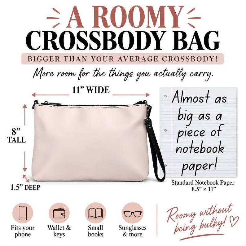 May include: A light pink crossbody bag with a black zipper and wrist strap. Text indicates dimensions of 11 inches wide, 8 inches tall, and 1.5 inches deep. The bag is compared to a piece of notebook paper measuring 8.5 inches by 11 inches.